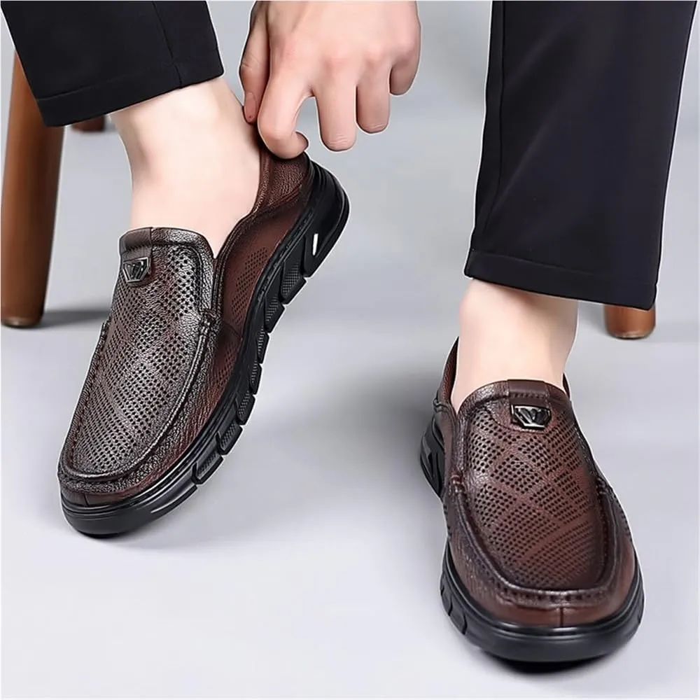 Mens Slip On Perforated Leather Loafers Summer Breathable Lambskin Soft Sole Casual Shoes Lightweight Driving Shoes