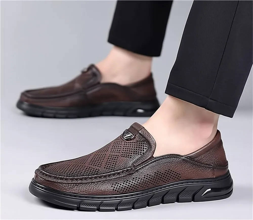Mens Slip On Perforated Leather Loafers Summer Breathable Lambskin Soft Sole Casual Shoes Lightweight Driving Shoes