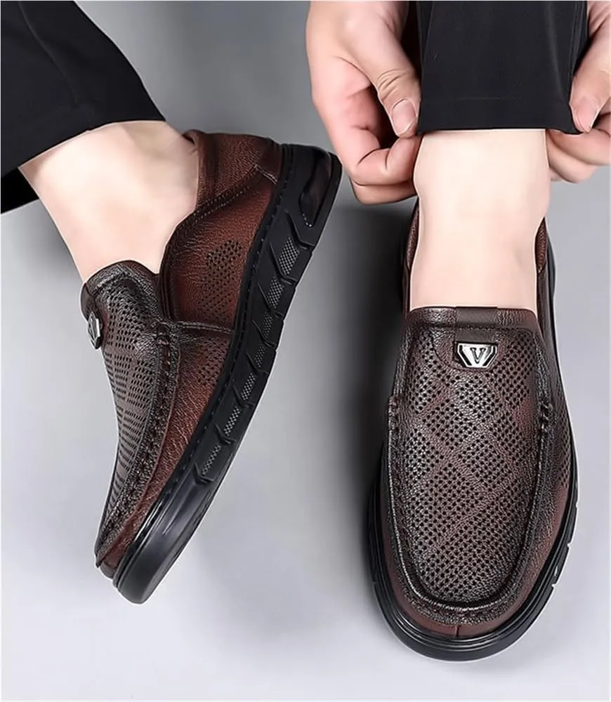 Mens Slip On Perforated Leather Loafers Summer Breathable Lambskin Soft Sole Casual Shoes Lightweight Driving Shoes