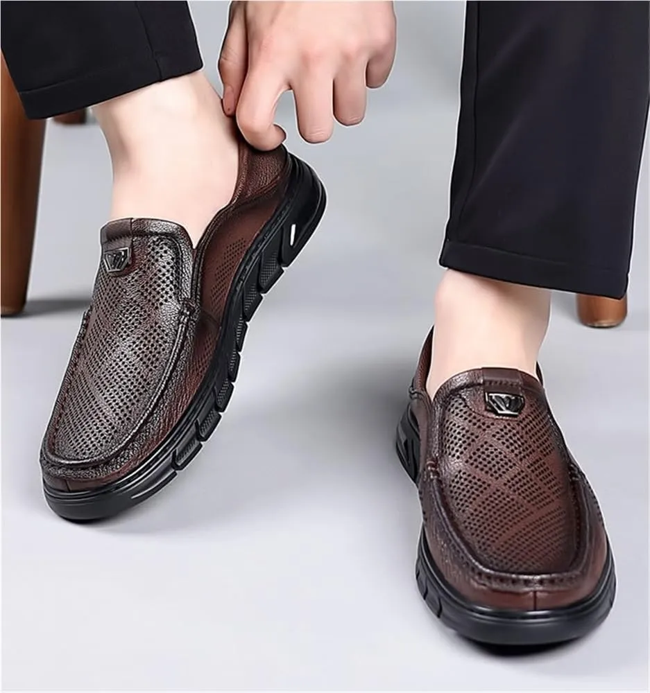 Mens Slip On Perforated Leather Loafers Summer Breathable Lambskin Soft Sole Casual Shoes Lightweight Driving Shoes