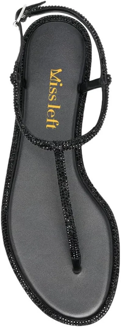 miss left Women Rhinestone T-Strap Thong Sandals Open Clip Toe Flip Flops Glitter Buckle Up Flats Summer Beach Holiday Dressy Shoes Size 4-16 US