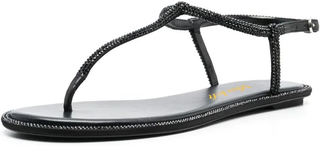 miss left Women Rhinestone T-Strap Thong Sandals Open Clip Toe Flip Flops Glitter Buckle Up Flats Summer Beach Holiday Dressy Shoes Size 4-16 US