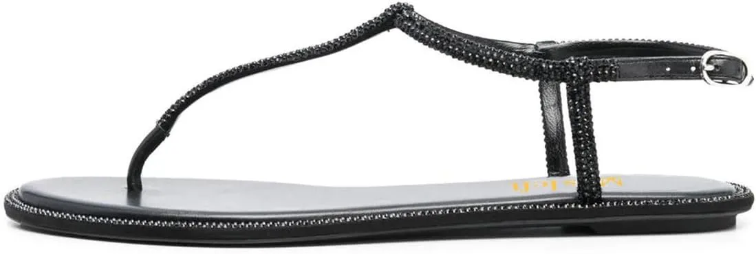 miss left Women Rhinestone T-Strap Thong Sandals Open Clip Toe Flip Flops Glitter Buckle Up Flats Summer Beach Holiday Dressy Shoes Size 4-16 US