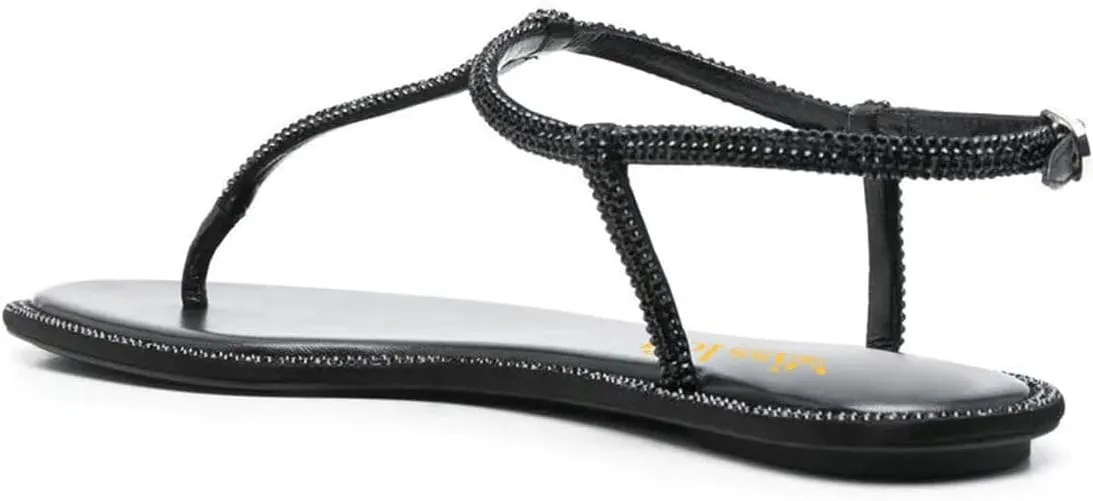 miss left Women Rhinestone T-Strap Thong Sandals Open Clip Toe Flip Flops Glitter Buckle Up Flats Summer Beach Holiday Dressy Shoes Size 4-16 US