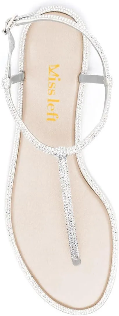 miss left Women Rhinestone T-Strap Thong Sandals Open Clip Toe Flip Flops Glitter Buckle Up Flats Summer Beach Holiday Dressy Shoes Size 4-16 US