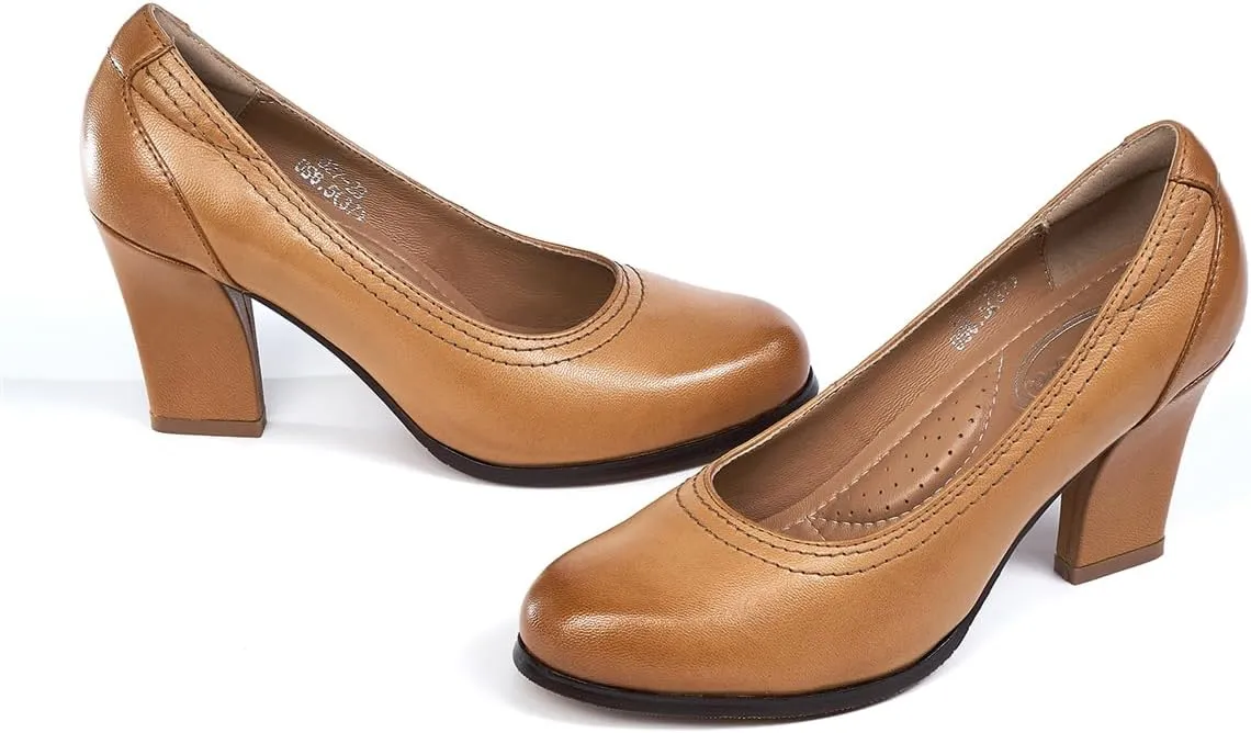 Mona flying Women's Leather Closed Round Toe 3 inch Chunky High Heel Pumps Formal Court Shoes Office Work Dress Shoes for Ladies