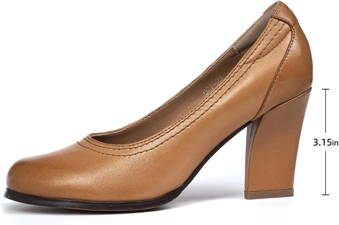 Mona flying Women's Leather Closed Round Toe 3 inch Chunky High Heel Pumps Formal Court Shoes Office Work Dress Shoes for Ladies