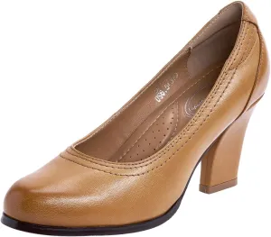 Mona flying Women's Leather Closed Round Toe 3 inch Chunky High Heel Pumps Formal Court Shoes Office Work Dress Shoes for Ladies