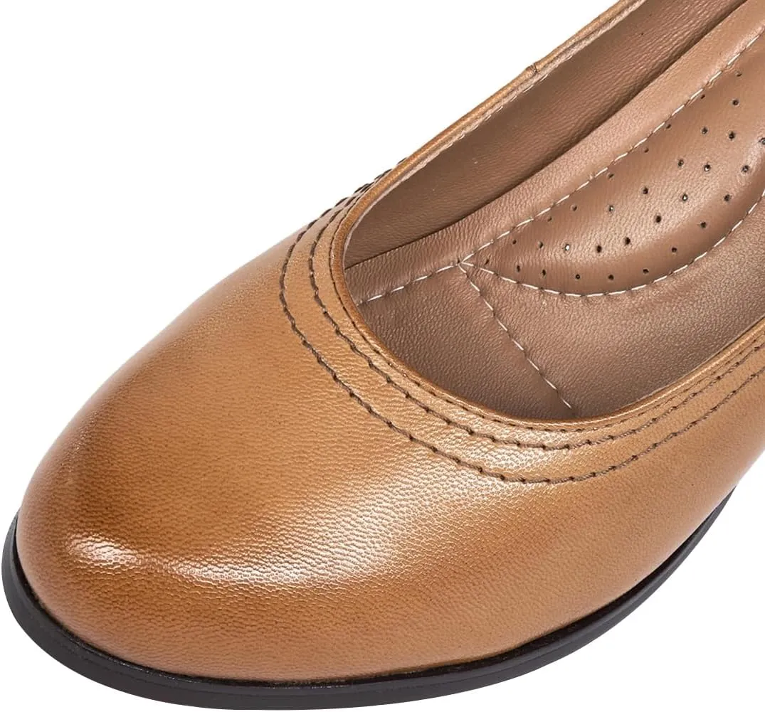 Mona flying Women's Leather Closed Round Toe 3 inch Chunky High Heel Pumps Formal Court Shoes Office Work Dress Shoes for Ladies