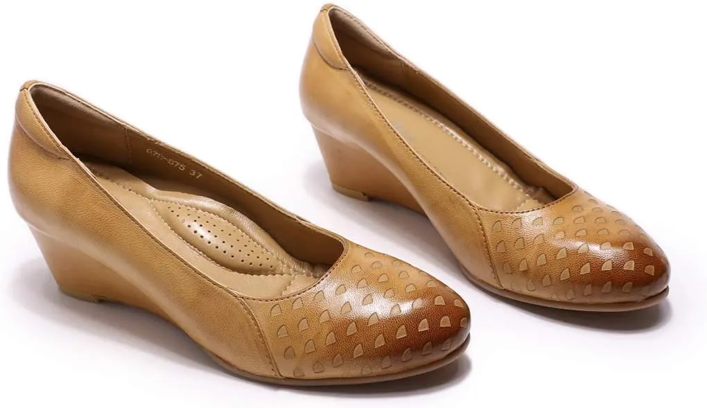Mona flying Women's Leather Closed Toe 2 Inch Mid Wedges Heels with Arch Support Round Toe Comfortable Dress Pumps for Women Ladies
