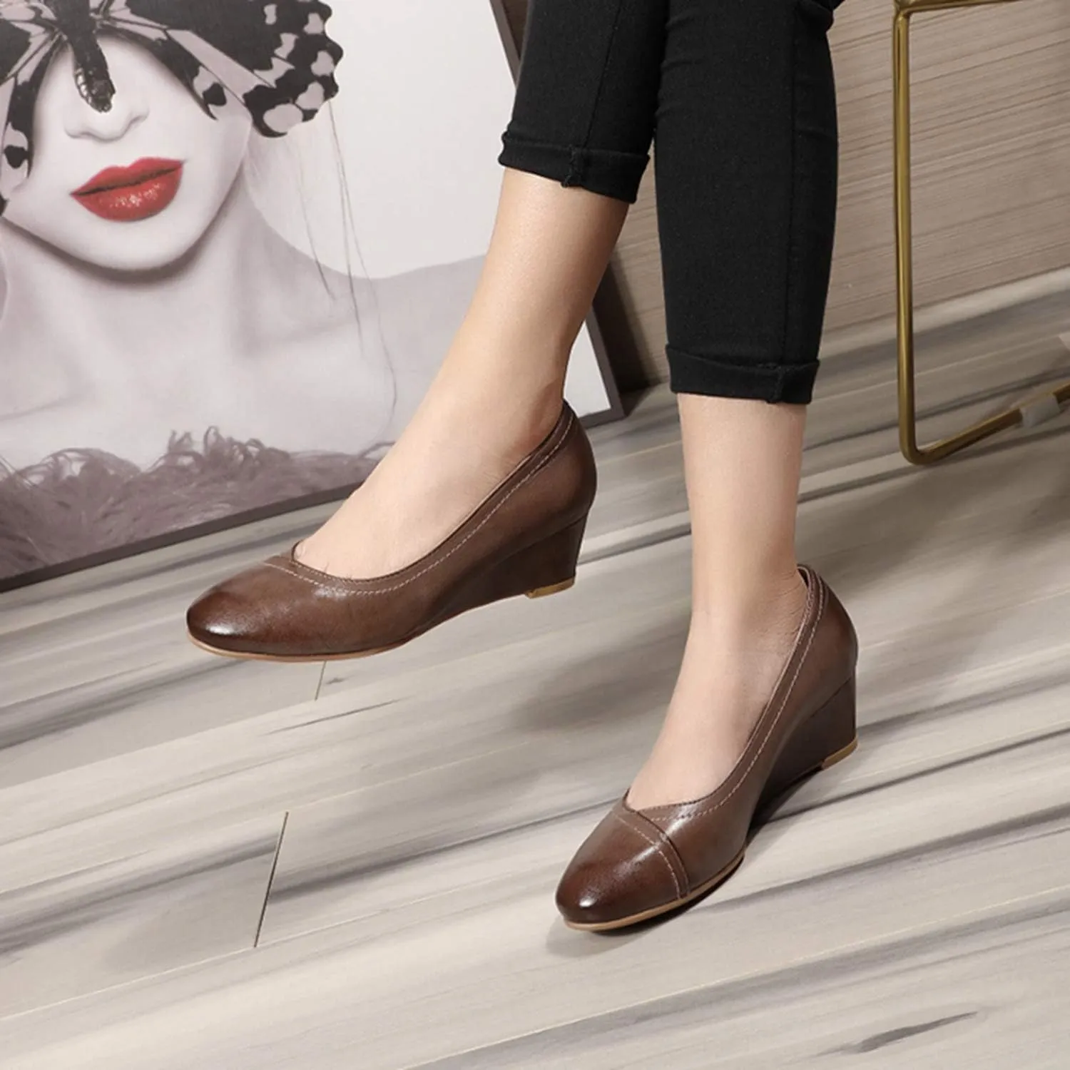 Mona flying Women's Leather Closed Toe 2 Inch Mid Wedges Heels with Arch Support Round Toe Comfortable Dress Pumps for Women Ladies