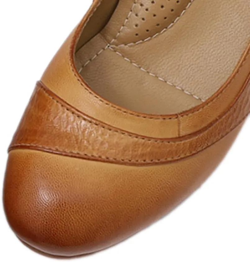 Mona flying Women's Leather Closed Toe 2 Inch Mid Wedges Heels with Arch Support Round Toe Comfortable Dress Pumps for Women Ladies