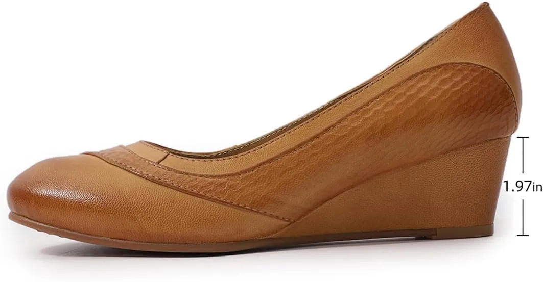 Mona flying Women's Leather Closed Toe 2 Inch Mid Wedges Heels with Arch Support Round Toe Comfortable Dress Pumps for Women Ladies