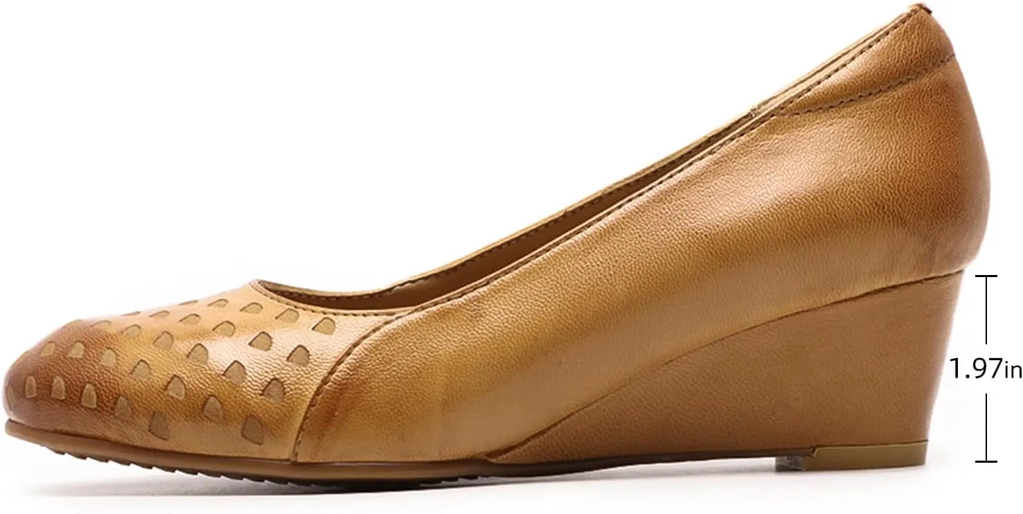Mona flying Women's Leather Closed Toe 2 Inch Mid Wedges Heels with Arch Support Round Toe Comfortable Dress Pumps for Women Ladies