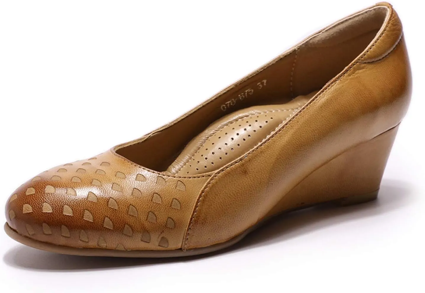 Mona flying Women's Leather Closed Toe 2 Inch Mid Wedges Heels with Arch Support Round Toe Comfortable Dress Pumps for Women Ladies