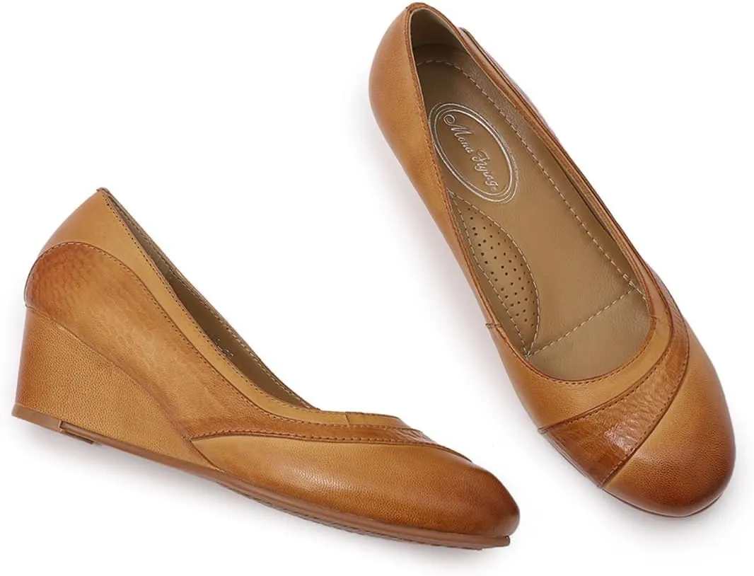 Mona flying Women's Leather Closed Toe 2 Inch Mid Wedges Heels with Arch Support Round Toe Comfortable Dress Pumps for Women Ladies