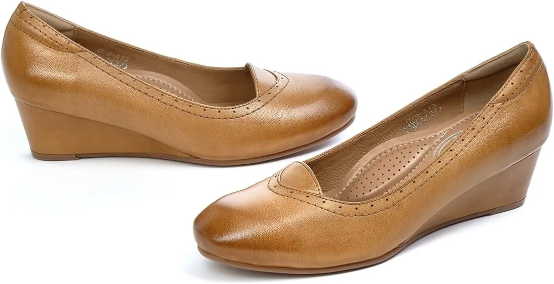 Mona flying Women's Leather Closed Toe 2 Inch Mid Wedges Heels with Arch Support Round Toe Comfortable Dress Pumps for Women Ladies