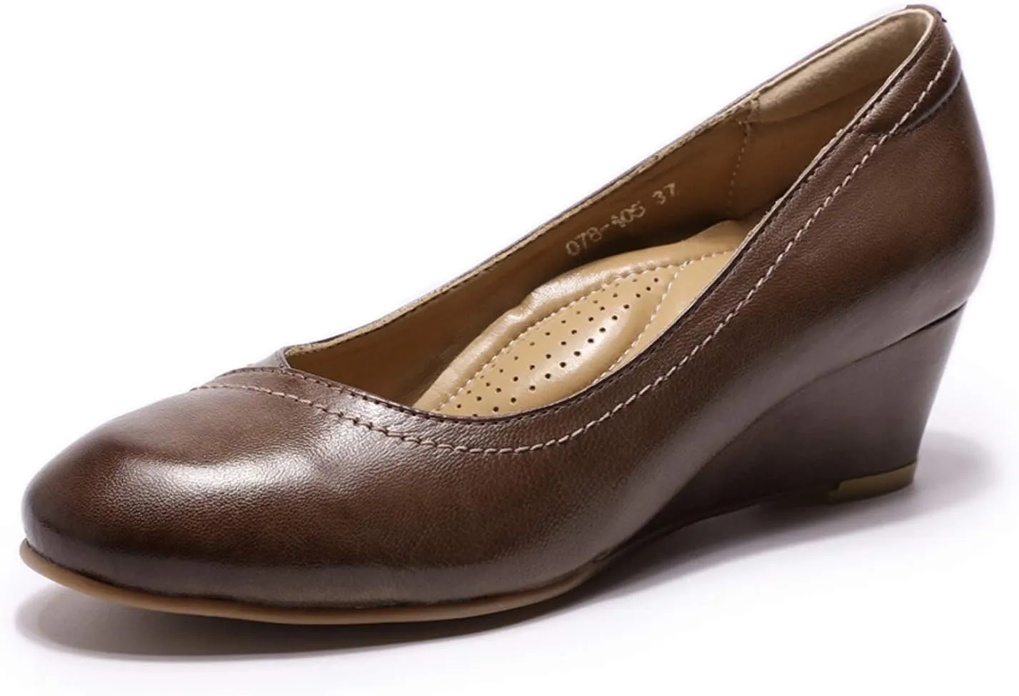 Mona flying Women's Leather Closed Toe 2 Inch Mid Wedges Heels with Arch Support Round Toe Comfortable Dress Pumps for Women Ladies