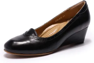 Mona flying Women's Leather Closed Toe 2 Inch Mid Wedges Heels with Arch Support Round Toe Comfortable Dress Pumps for Women Ladies