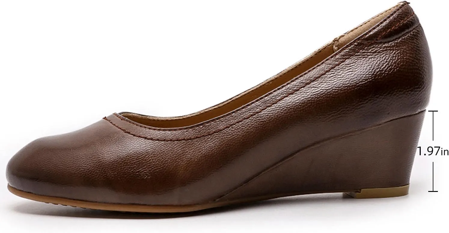 Mona flying Women's Leather Closed Toe 2 Inch Mid Wedges Heels with Arch Support Round Toe Comfortable Dress Pumps for Women Ladies