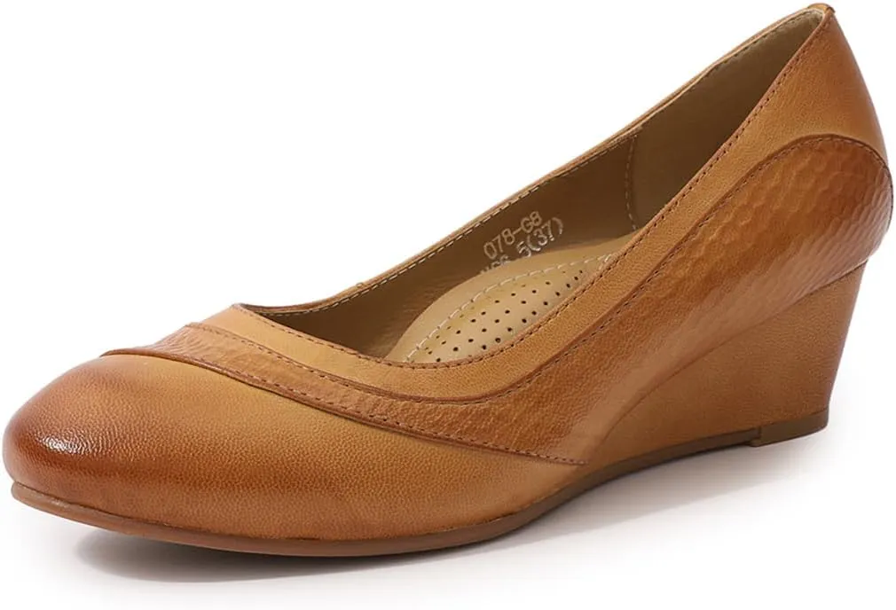 Mona flying Women's Leather Closed Toe 2 Inch Mid Wedges Heels with Arch Support Round Toe Comfortable Dress Pumps for Women Ladies