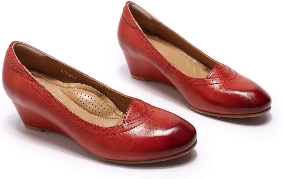 Mona flying Women's Leather Closed Toe 2 Inch Mid Wedges Heels with Arch Support Round Toe Comfortable Dress Pumps for Women Ladies