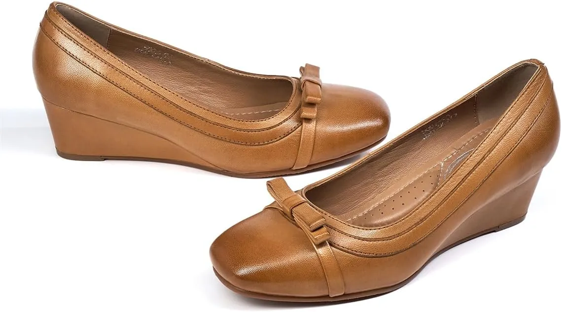 Mona flying Women's Leather Closed Toe 2 inches Wedges Pumps Square Toe Comfortable Heeled Office Work Dress Shoes for Ladies