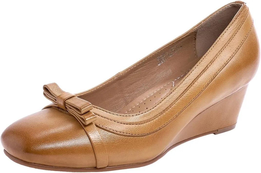 Mona flying Women's Leather Closed Toe 2 inches Wedges Pumps Square Toe Comfortable Heeled Office Work Dress Shoes for Ladies