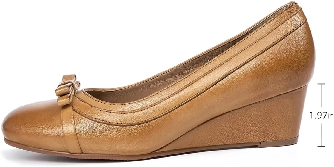 Mona flying Women's Leather Closed Toe 2 inches Wedges Pumps Square Toe Comfortable Heeled Office Work Dress Shoes for Ladies