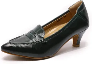 Mona flying Women's Leather Pump Med Heel Pointed Toe Office Dress Shoes for Ladies