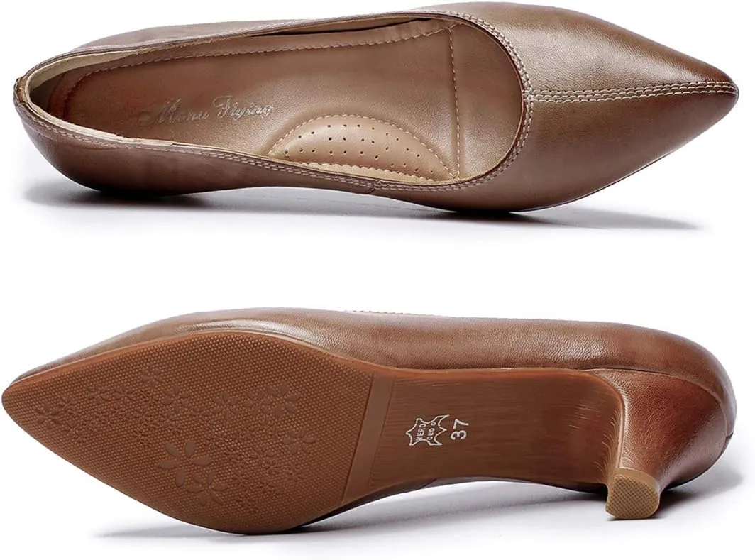 Mona flying Women's Leather Pump Med Heel Pointed Toe Office Dress Shoes for Ladies