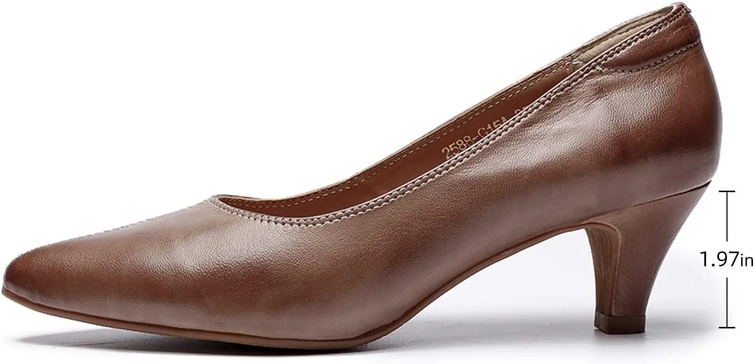 Mona flying Women's Leather Pump Med Heel Pointed Toe Office Dress Shoes for Ladies