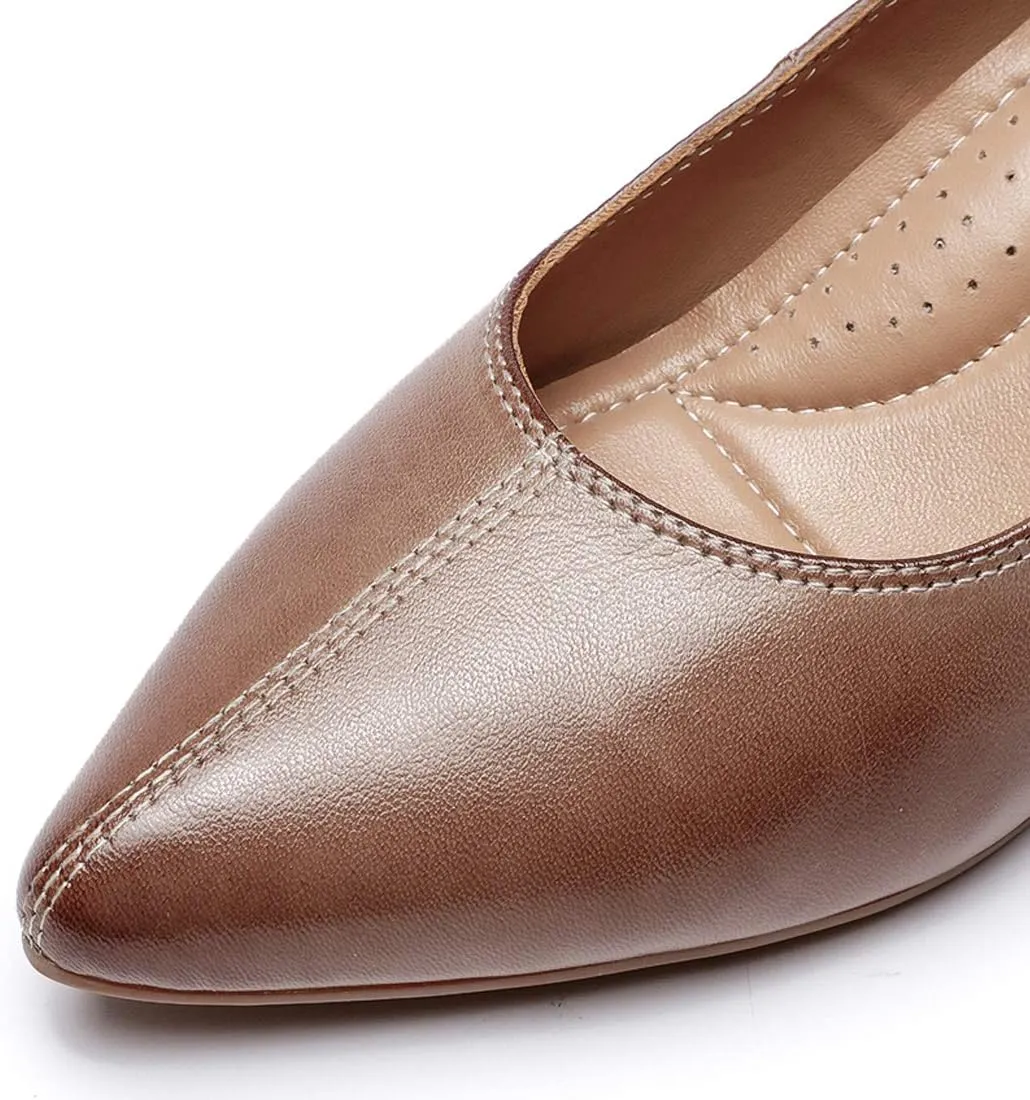 Mona flying Women's Leather Pump Med Heel Pointed Toe Office Dress Shoes for Ladies