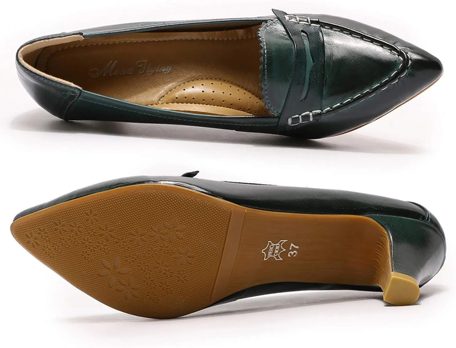 Mona flying Women's Leather Pump Med Heel Pointed Toe Office Dress Shoes for Ladies