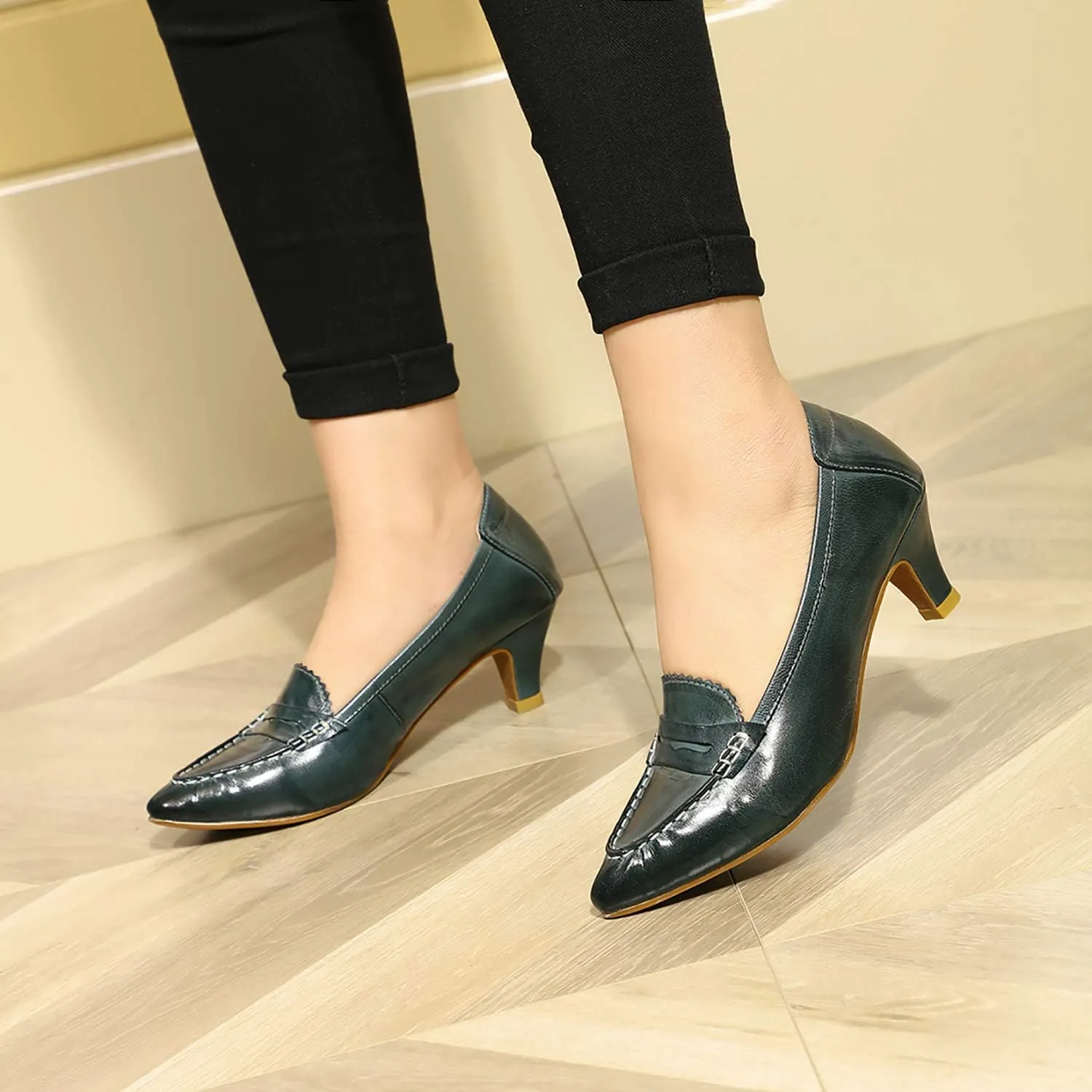 Mona flying Women's Leather Pump Med Heel Pointed Toe Office Dress Shoes for Ladies
