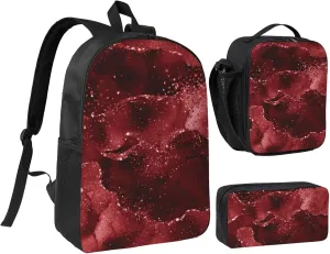 Moody Crimson Agate Dark Blood Red Jewel Tone 3-Piece Backpack Set – Lightweight backpack, Insulated Lunch Bag & Pencil Case, Durable Oxford for Travel/Work