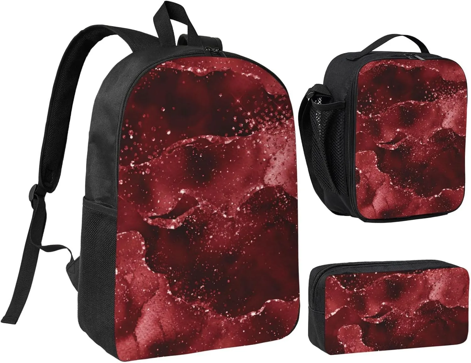 Moody Crimson Agate Dark Blood Red Jewel Tone 3-Piece Backpack Set – Lightweight backpack, Insulated Lunch Bag & Pencil Case, Durable Oxford for Travel/Work
