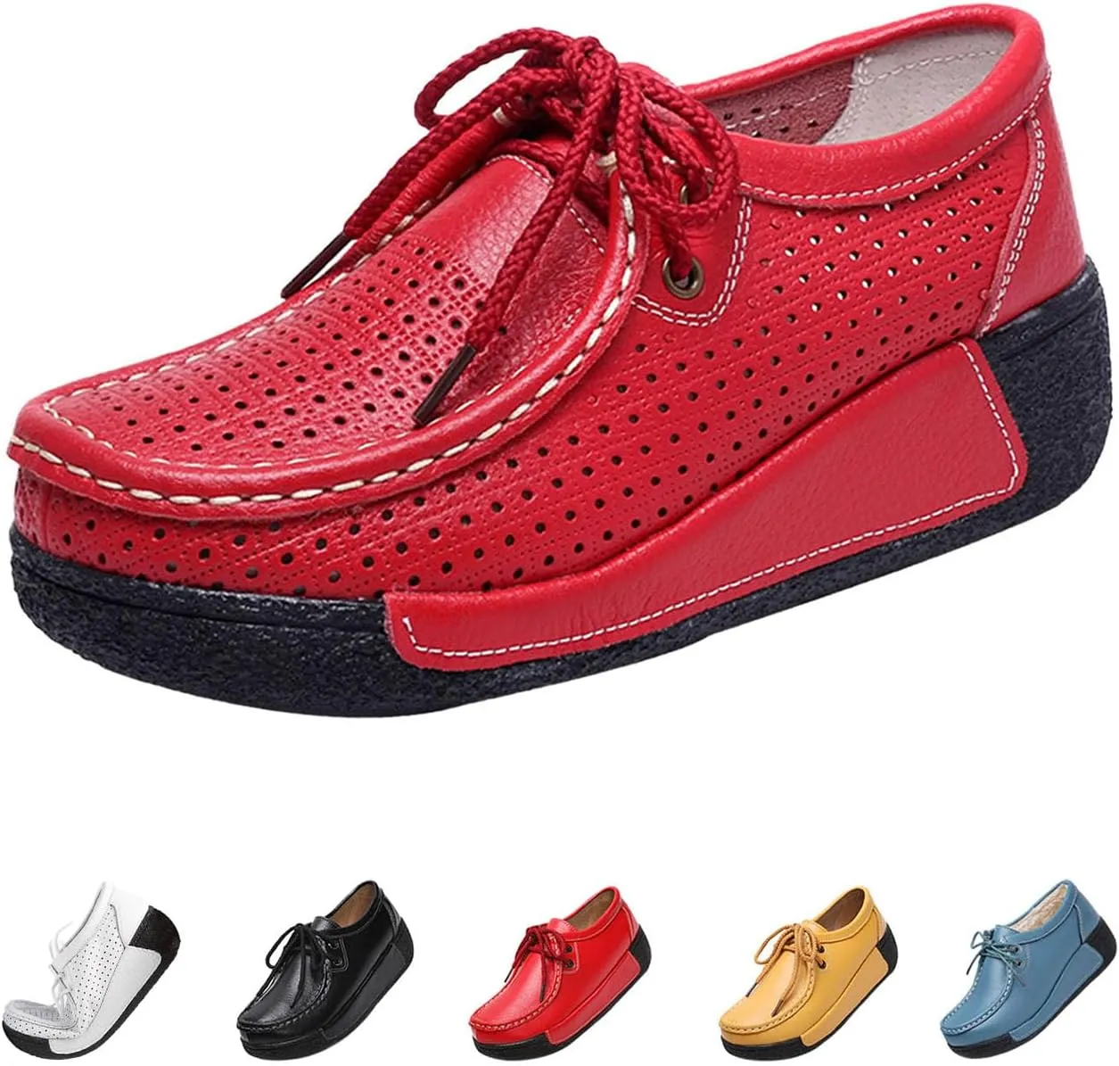 MOYOWEI Women's Leather Platform Wedge Sneakers,Comfort Moc Toe Non-Slip Softsole Lace-up Casual Walking Loafers Boat Shoes
