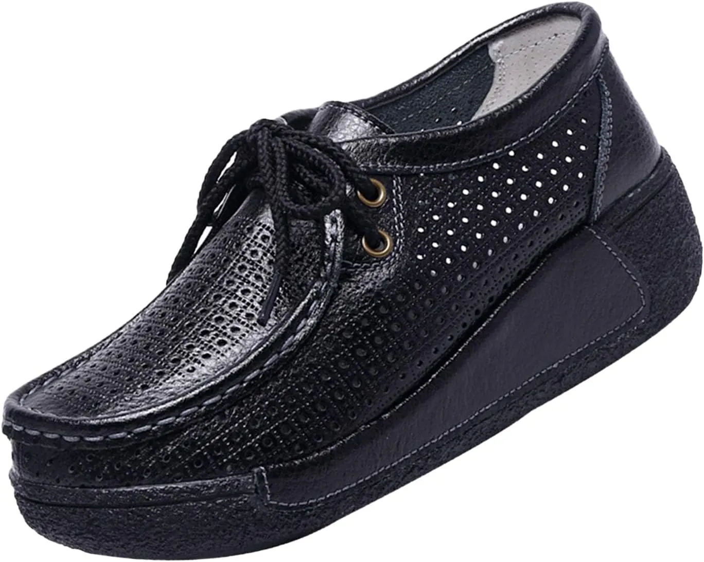 MOYOWEI Women's Leather Platform Wedge Sneakers,Comfort Moc Toe Non-Slip Softsole Lace-up Casual Walking Loafers Boat Shoes