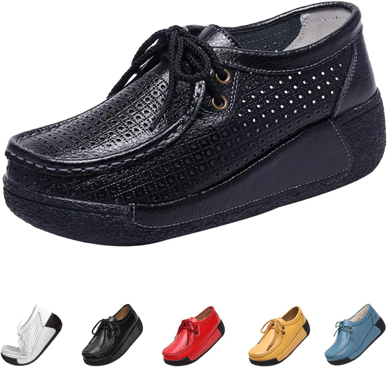 MOYOWEI Women's Leather Platform Wedge Sneakers,Comfort Moc Toe Non-Slip Softsole Lace-up Casual Walking Loafers Boat Shoes