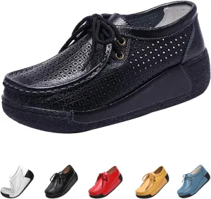 MOYOWEI Women's Leather Platform Wedge Sneakers,Comfort Moc Toe Non-Slip Softsole Lace-up Casual Walking Loafers Boat Shoes