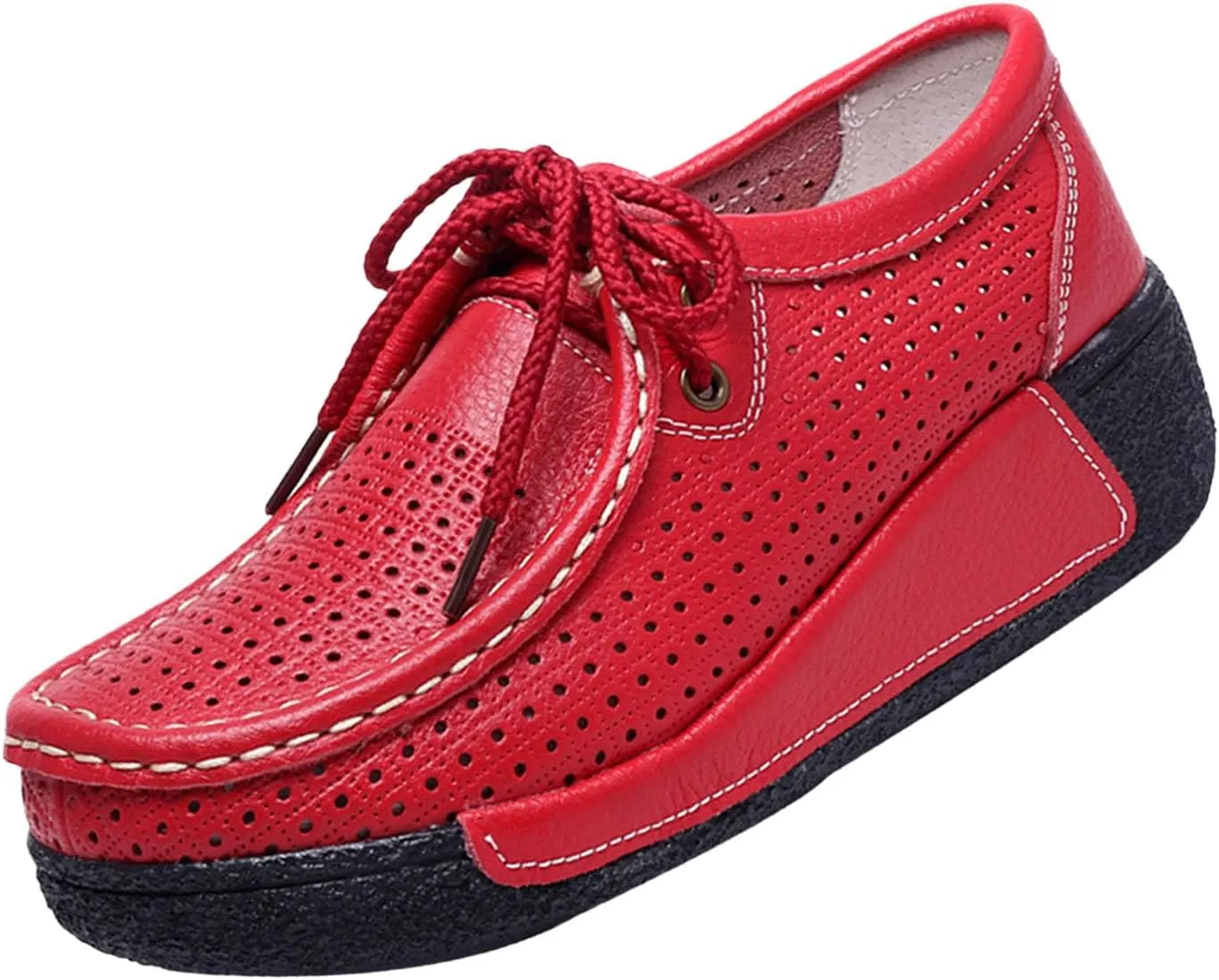 MOYOWEI Women's Leather Platform Wedge Sneakers,Comfort Moc Toe Non-Slip Softsole Lace-up Casual Walking Loafers Boat Shoes
