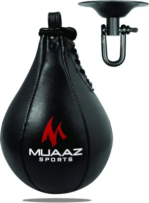 MUZ Speed Ball Boxing Cow Hide Leather Muay Thai Training Speed Bag Punching Speed Ball Punching Dodge Bag Workout Speedball MMA Speed Bag Kit Free Hanging Swivel, Black, Small