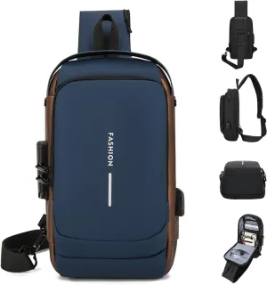 New Carbon Fiber Streamline Anti-Theft Sport Sling Bag, Waterproof Shoulder Backpack with USB Charging Port Daypack (Blue)