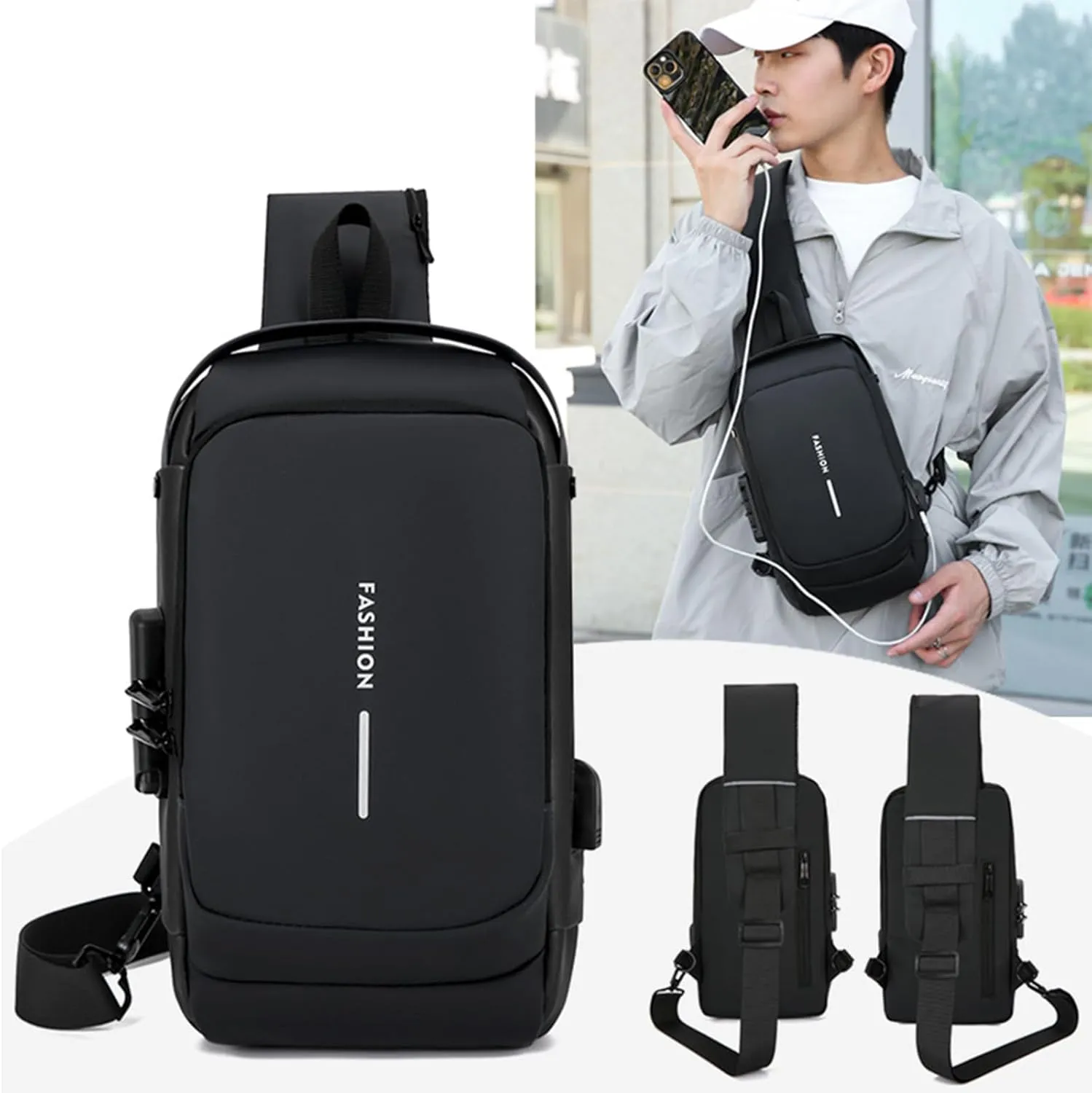 New Carbon Fiber Streamline Anti-Theft Sport Sling Bag, Waterproof Shoulder Backpack with USB Charging Port Daypack (Blue)