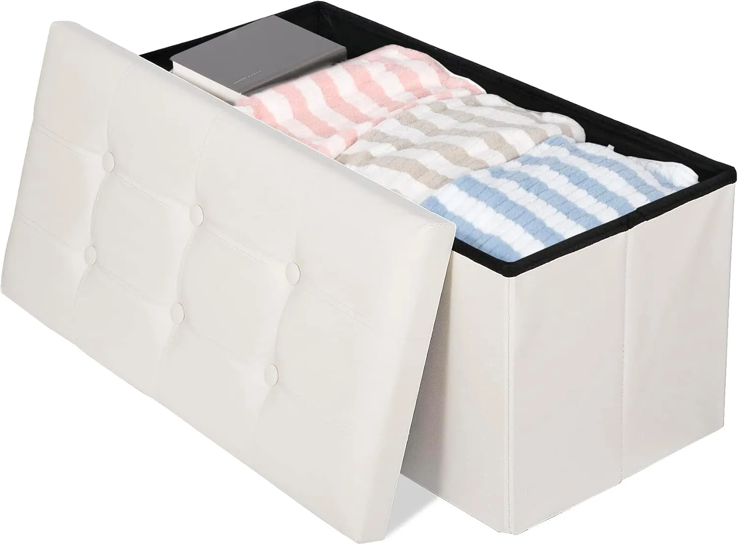 Nova Microdermabrasion 30 Inches Folding Storage Ottoman Bench with Divider Padded Seat, Large Storage Footrest Faux Leather Chest for End of Bedroom Living Room Dorm, Creamy White