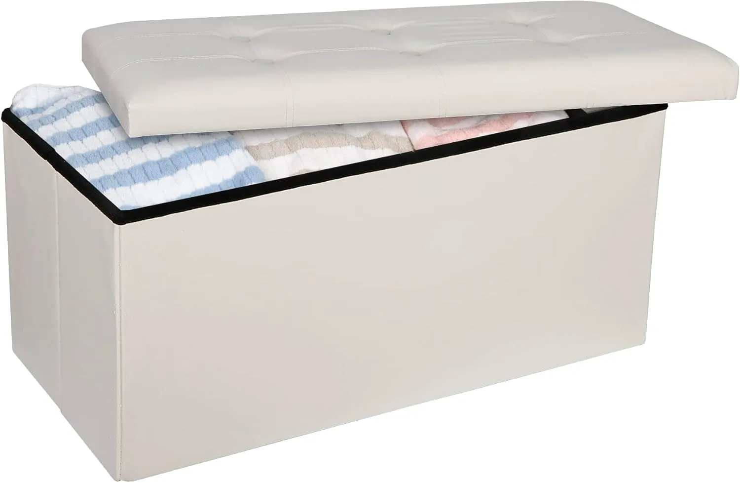Nova Microdermabrasion 30 Inches Folding Storage Ottoman Bench with Divider Padded Seat, Large Storage Footrest Faux Leather Chest for End of Bedroom Living Room Dorm, Creamy White