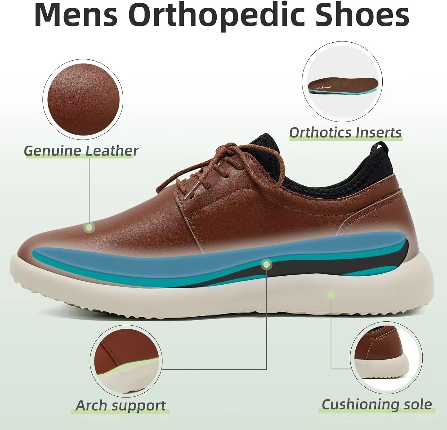 OrthoComfoot Men's Orthopedic Leather Dress Walking Shoes: Comfortable Plantar Fasciitis Fashion Sneakers with Arch Support, Casual Orthotic Business Work Shoes for Foot and Heel Pain Relief
