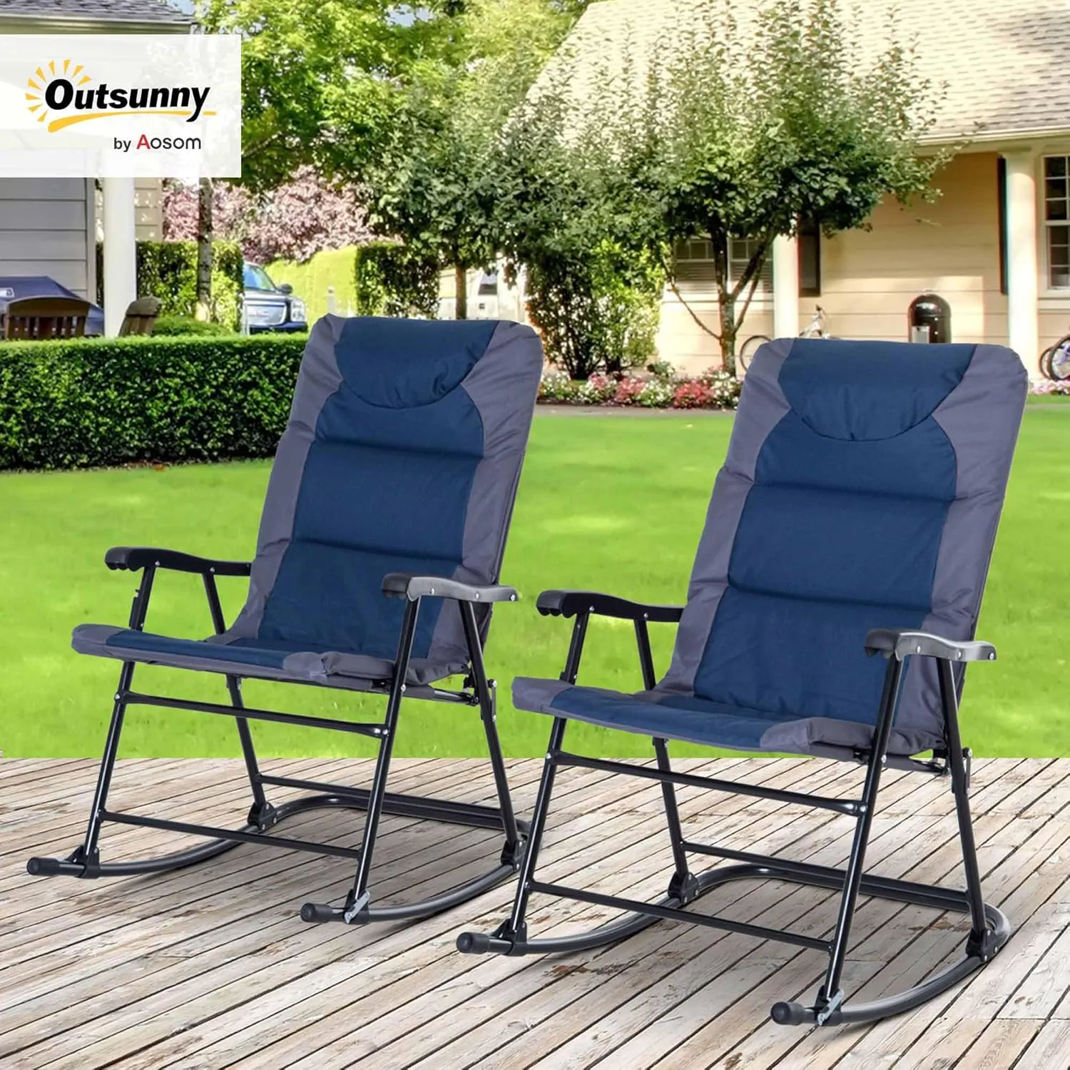 Outsunny 2 Piece Outdoor Patio Furniture Set with 2 Folding Padded Rocking Chairs, Bistro Style for Porch, Camping, Balcony, Navy Blue