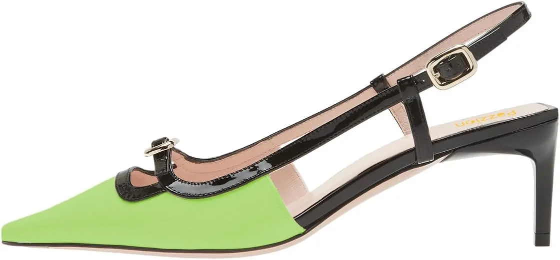 Pazzion Women's Square Toe Stiletto Heeled Slingback Pumps Mid Heel Backstrap Buckle Slip On Sandal Casual Outdoor Dress Shoes Size 4-16 US